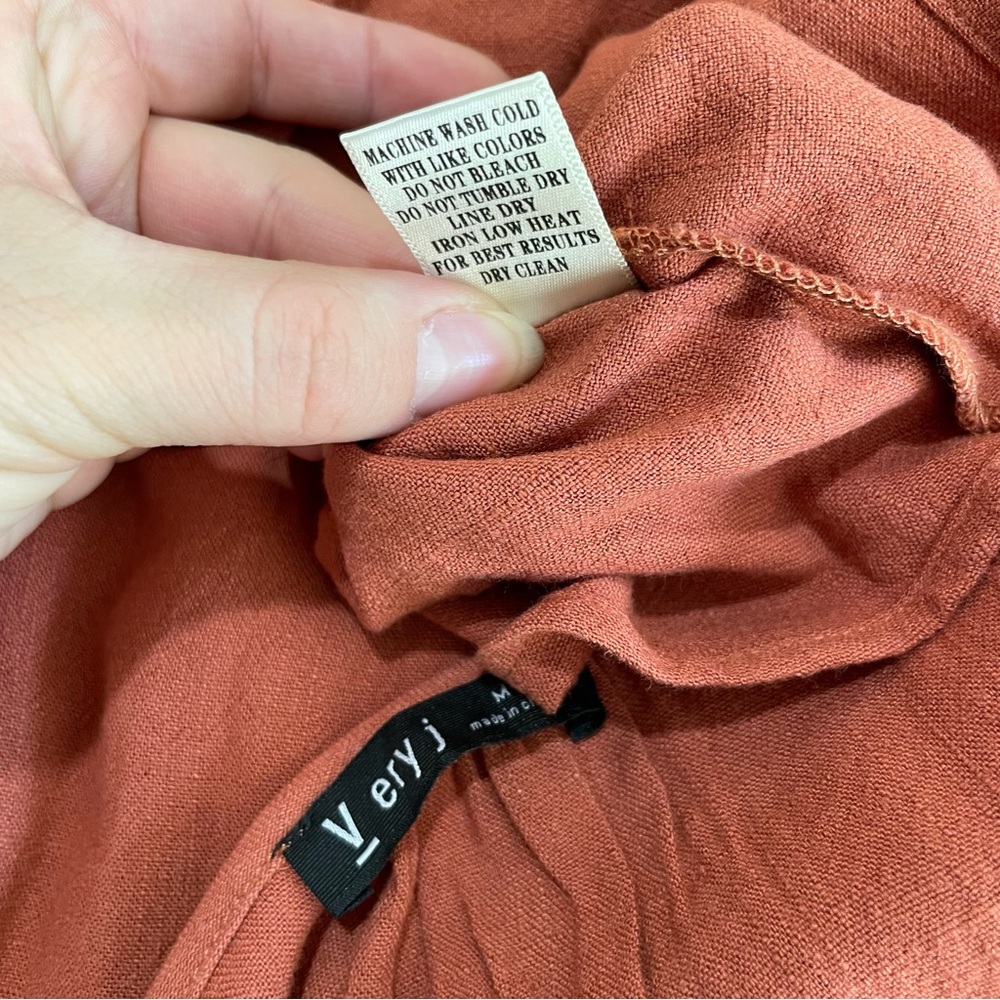 Linen Blend Rust Ruffle Long Sleeve Dress - Picture 7 of 7